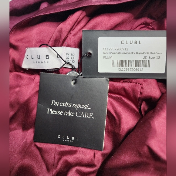 NWT CLUB L LONDON JAYNE PLUM SATIN ASYMMETRIC DRAPED SPLIT MAXI DRESS UK 12 - Picture 8 of 9